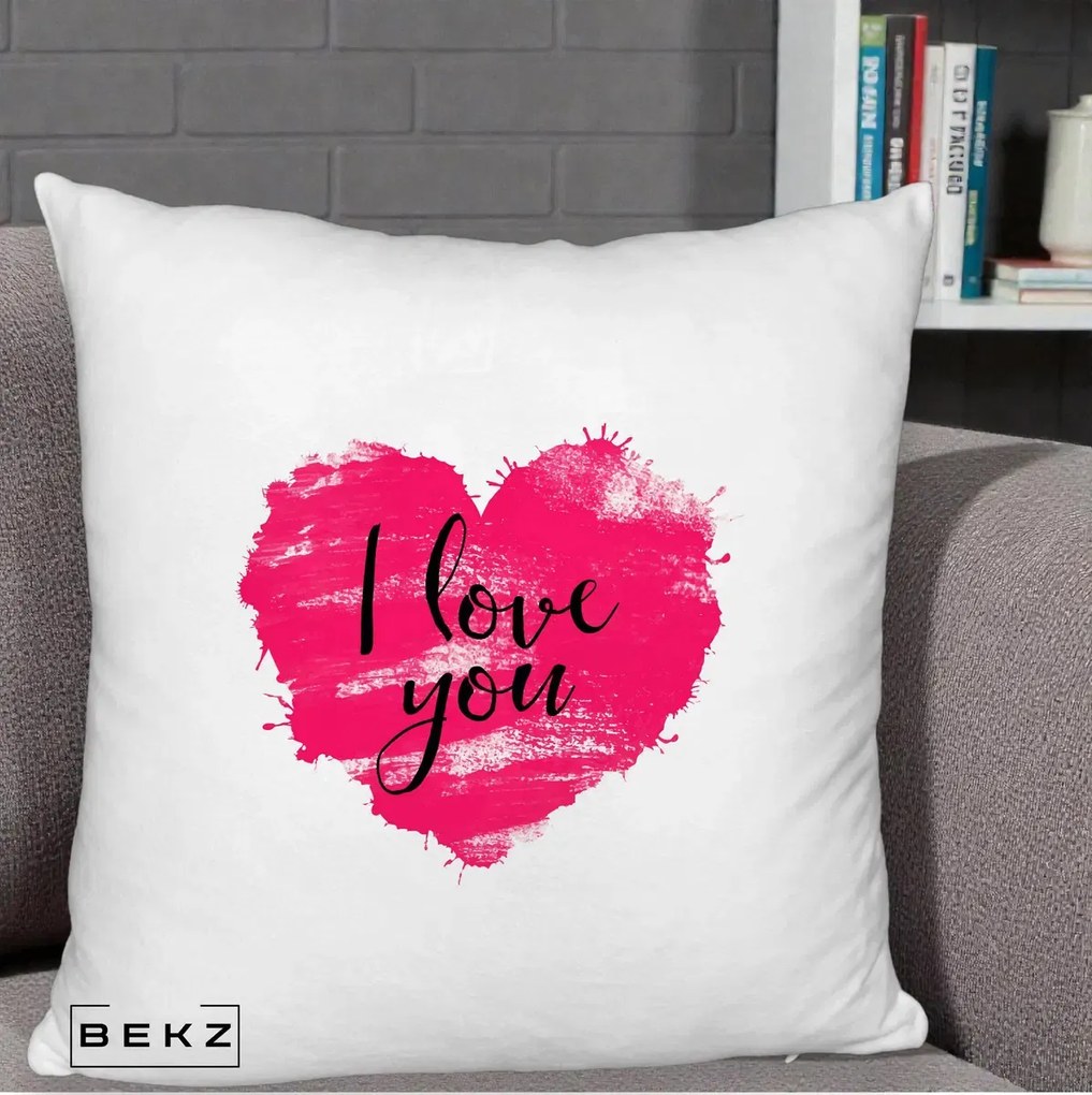 Cadou Romantic - Perna Personalizata I Love You Inima Roz, 40x40 cm, Alb Pufos, Husa Detasabila, Perna Inclusa, BEKZ®