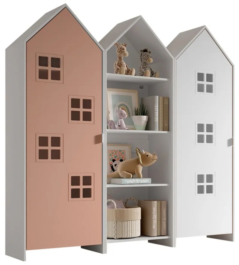 Set 3 dulapuri pentru copii Casami tip colibă de plajă – 1 deschis, 1 cu ușă Roz și 1 cu ușă albă – Vipack