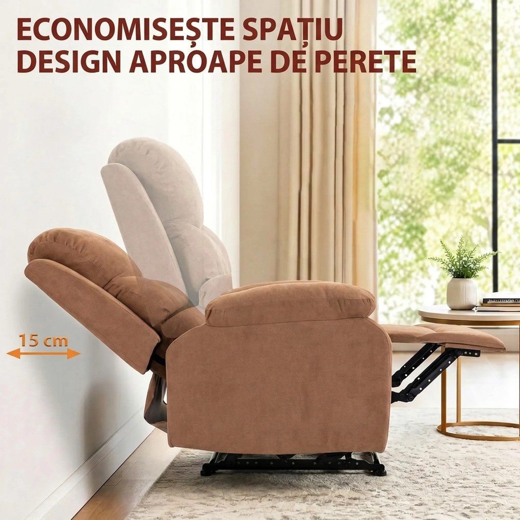 HOMCOM Fotoliu Reclinabil Manual cu Material cu Aspect de In, Suport pentru Picioare și Cotiere Căptușite, Maro Închis | Aosom Romania