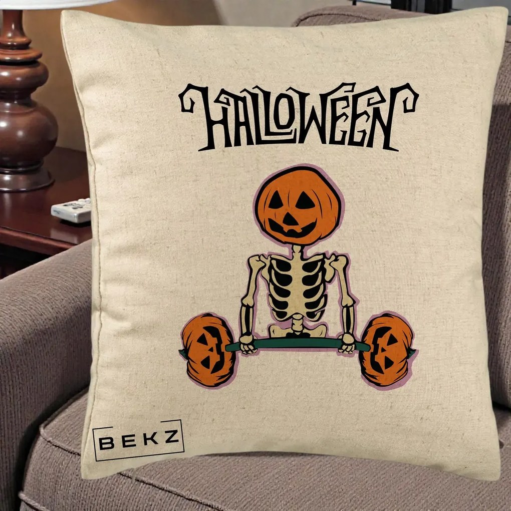 Perna Decorativa Halloween Schelet cu Cap de Dovleac Powerlifting, 40x40 cm, Bej, Husa Detasabila, Perna Inclusa, BEKZ®