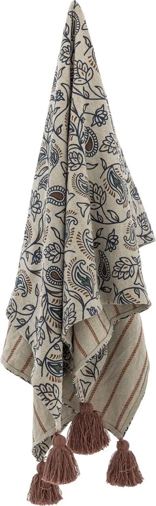 Pătură din bumbac reciclat, natur, cu model botanic în stil vintage, cu ciucuri maro, „Paisley", 160 x 130 cm