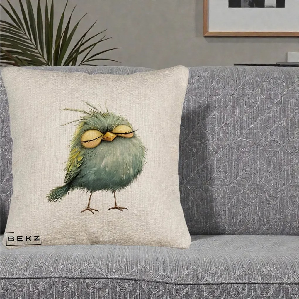 Perna Decorativa Pasare Teal Adormita cu Ochi Galbeni, 40x40 cm, Bej Canapea, Husa Detasabila, Perna Inclusa, BEKZ®