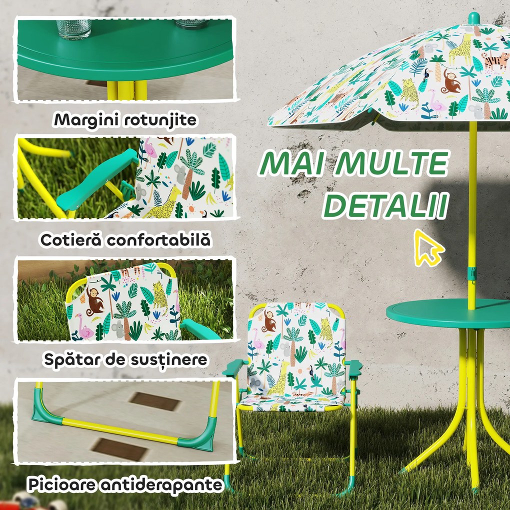 AIYAPLAY Masă de Picnic pentru Copii, Set Masă și Două Scaune Pliabile cu Umbrelă Demontabilă, Tematică Jungle, Mobilier de Exterior pentru Grădină, Terasă, Verde | Aosom Romania