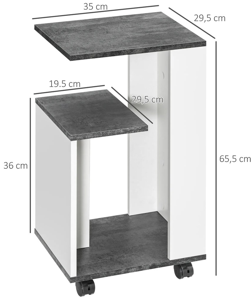 HOMCOM Noptieră cu 4 rotile, 3 rafturi, 35 x 29,5 x 65,5 cm, Gri/Alb | Aosom Romania