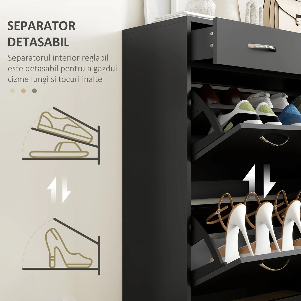 HOMCOM Dulap pentru Pantofi Modern cu 2 Rafturi Regabile și 2 Sertare din Lemn Negru | Aosom Romania