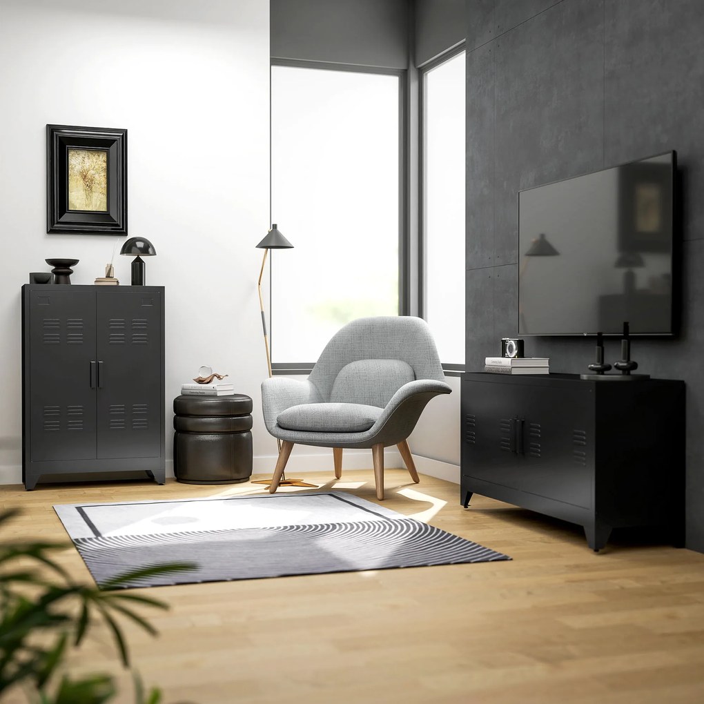 HOMCOM Suport TV banc televizor design industrial 2 dulapuri cu 2 rafturi reglabile treceri pentru cabluri structura otel negru | Aosom Romania