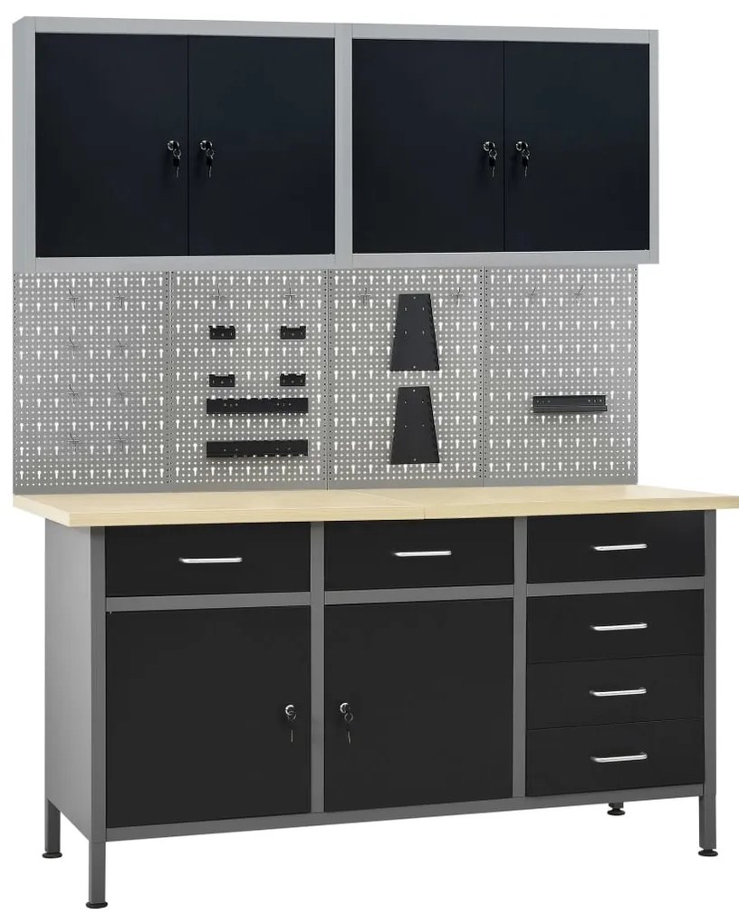vidaXL Banc de lucru cu patru panouri de perete și două dulapuri
