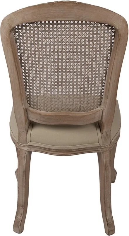 Scaun dining tapițat shabby chic din lemn, ratan și stofă, bej, cu spătar cannage și picioare cambrate sculptate, 95 x 52 x 49 cm, „Fleurette”