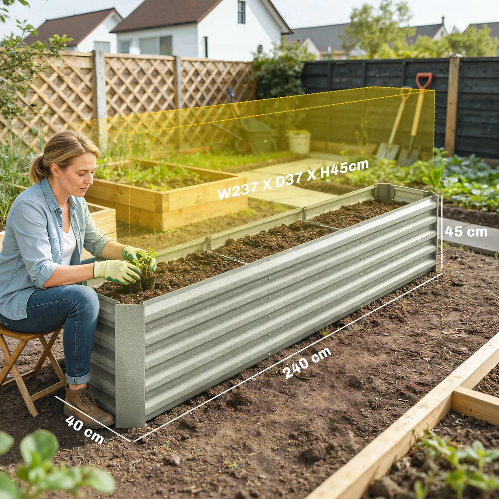 Outsunny Pat pătrat pentru grădină pat ridicat din oțel galvanizat bare de susținere și plăci de colț fund deschis 240x40x45cm gri argintiu | Aosom Romania