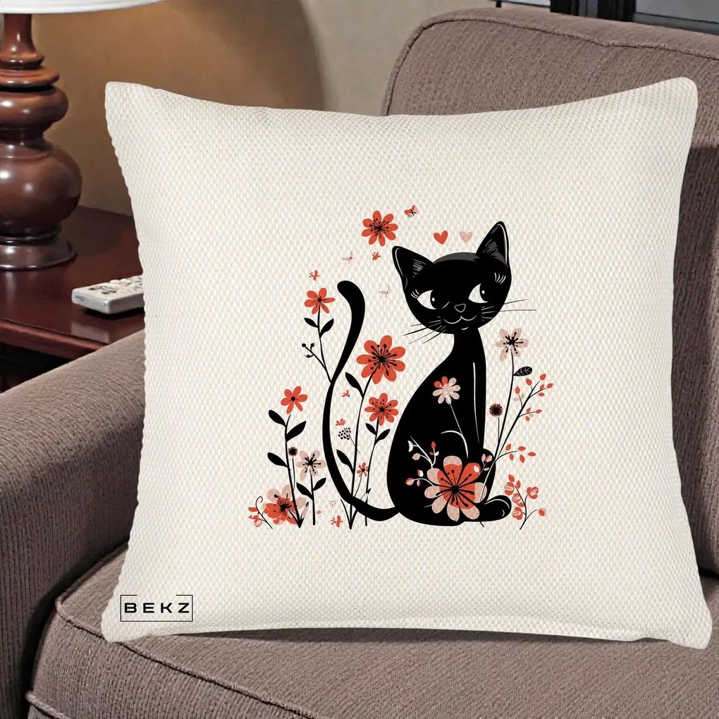 Perna Decorativa Pisica Neagra Flori Roz si Inimi, 40x40 cm, Crem Reliefat, Husa Detasabila, Perna Inclusa, BEKZ®