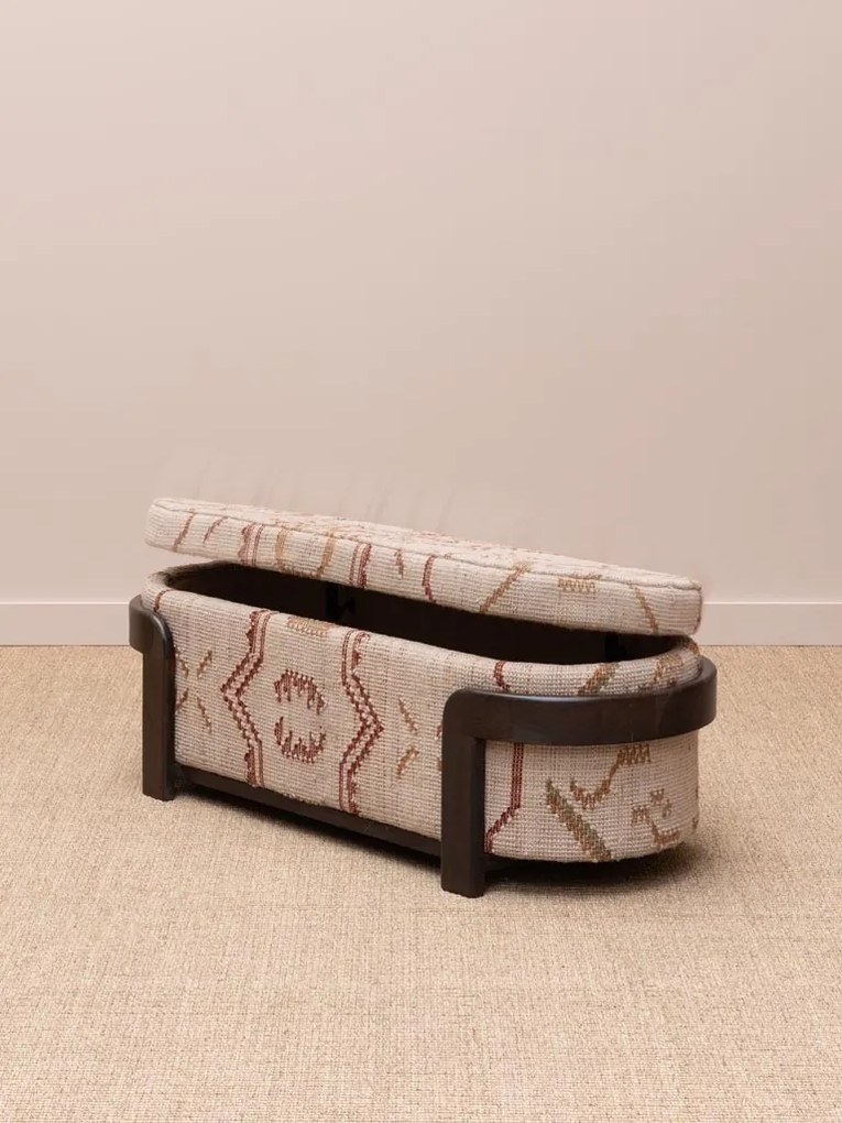 Banchetă hol cu spațiu de depozitare din kilim de lână bej și bordo și lemn de acacia maro închis, cu capac, 47,5 x 132 cm (Î x L), „Sienna”