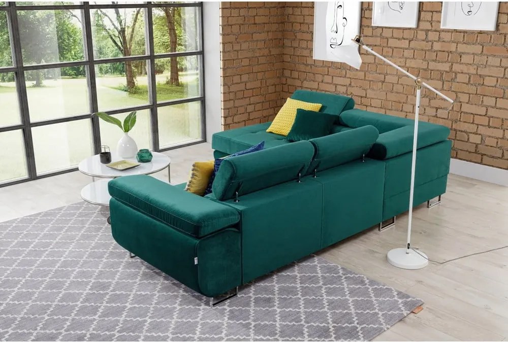 Colțar verde extensibil/cu spațiu de depozitare cu tapițerie din catifea (cu colț pe partea stângă/în formă de ”L”) Anton – ELTAP