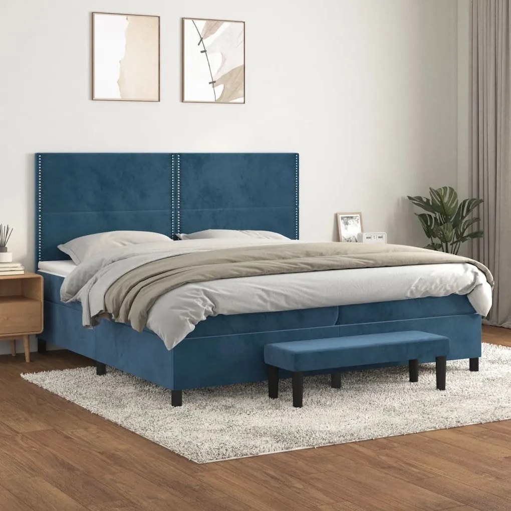 3137807 vidaXL Pat box spring cu saltea, albastru închis, 200x200 cm, catifea