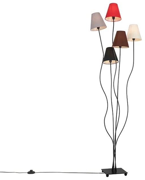 Lampa de podea de design neagră cu abajururi din stofă 5 lumini - Melis