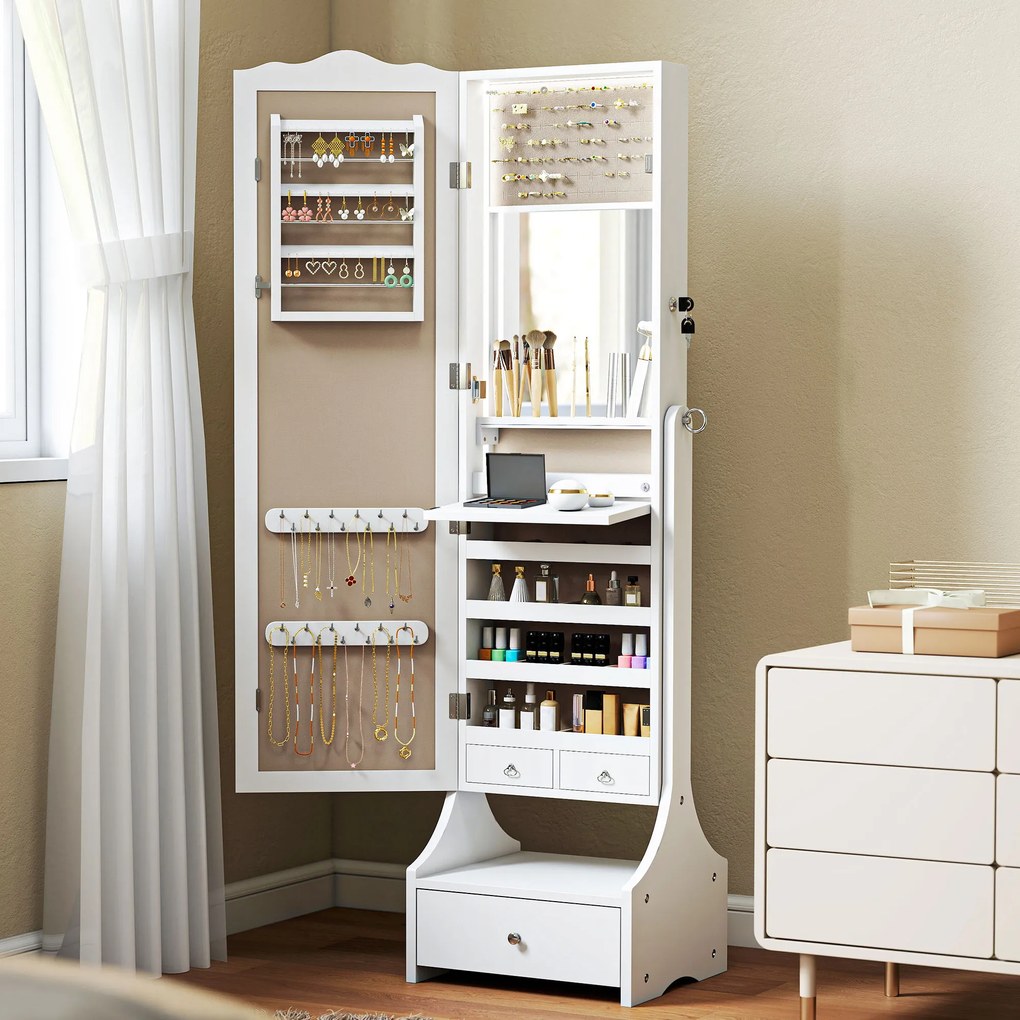 HOMCOM Oglindă pentru bijuterii cu iluminare LED Dulap bijuterii cu oglindă reglabilă pe 4 unghiuri Sertare Etajeră interioară pliabilă Alb | Aosom Romania