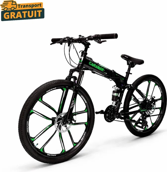 Bicicleta Caraiman, pliabila, roti 26 inch, cu dubla suspensie, frane pe disc, verde