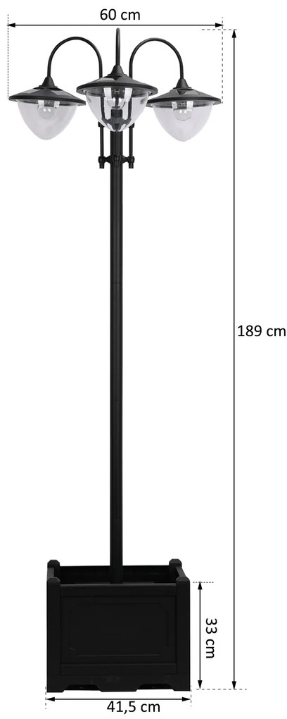 Outsunny Lampadar de grădină Solar LED cu 3 Capete și Jardinieră Integrată, Negru, pentru Grădină și Terasă | Aosom Romania
