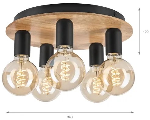 Plafonieră DUSTY 5xE27/15W/230V d. 34 cm stejar/negru