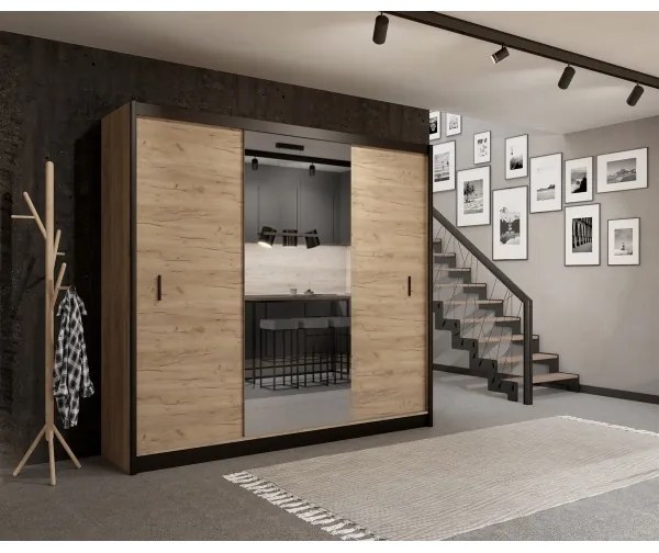 Dulap MIRO 250x215 cm cu oglindă, stejar craft/negru