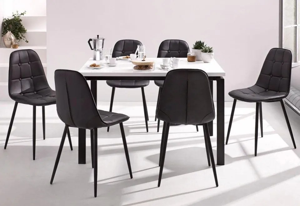 Set de living Sabine/Luna 4 scaune si o masa, lemn/metal/piele sintetica, negru/alb