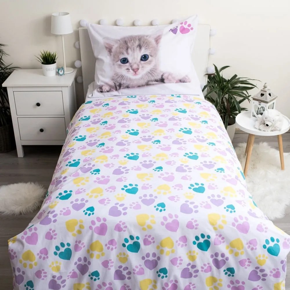 Lenjerie de pat pentru copii albă din bumbac pentru pat de o persoană 140x200 cm Kitten "Colour" – Jerry Fabrics
