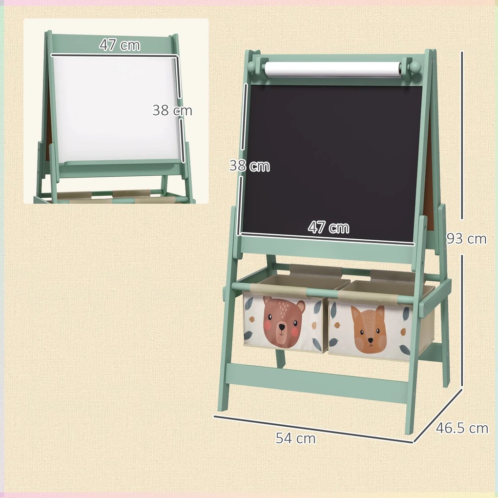 Tablă pentru copii 3 în 1 AIYAPLAY cu 2 containere, șevalet de artă din lemn pentru copii 3-8 ani, 54x46,5x93cm, de culoare verde | Aosom Romania