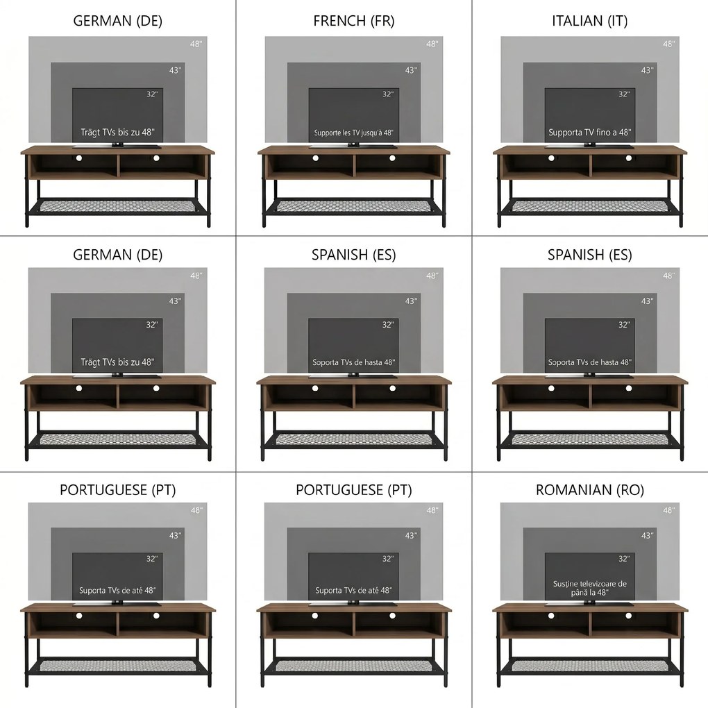 Dulap SuportTV pana la 48" in Stil Industrial, Mobiler Jos cu Rafturi din Lemn si Otel, 110x40x48cm, Maro si Negru HOMCOM | Aosom Romania