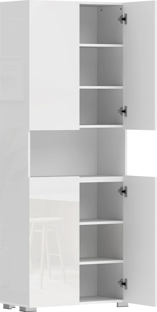 HOMCOM Dulap Bucătărie Înalt 180cm, Mobilier Depozitare cu Uși Soft-Close, Raft Deschis, 2 Dulapuri, Rafturi Ajustabile, Stil Modern pentru Sufragerie sau Bucătărie, Alb Lucios | Aosom Romania