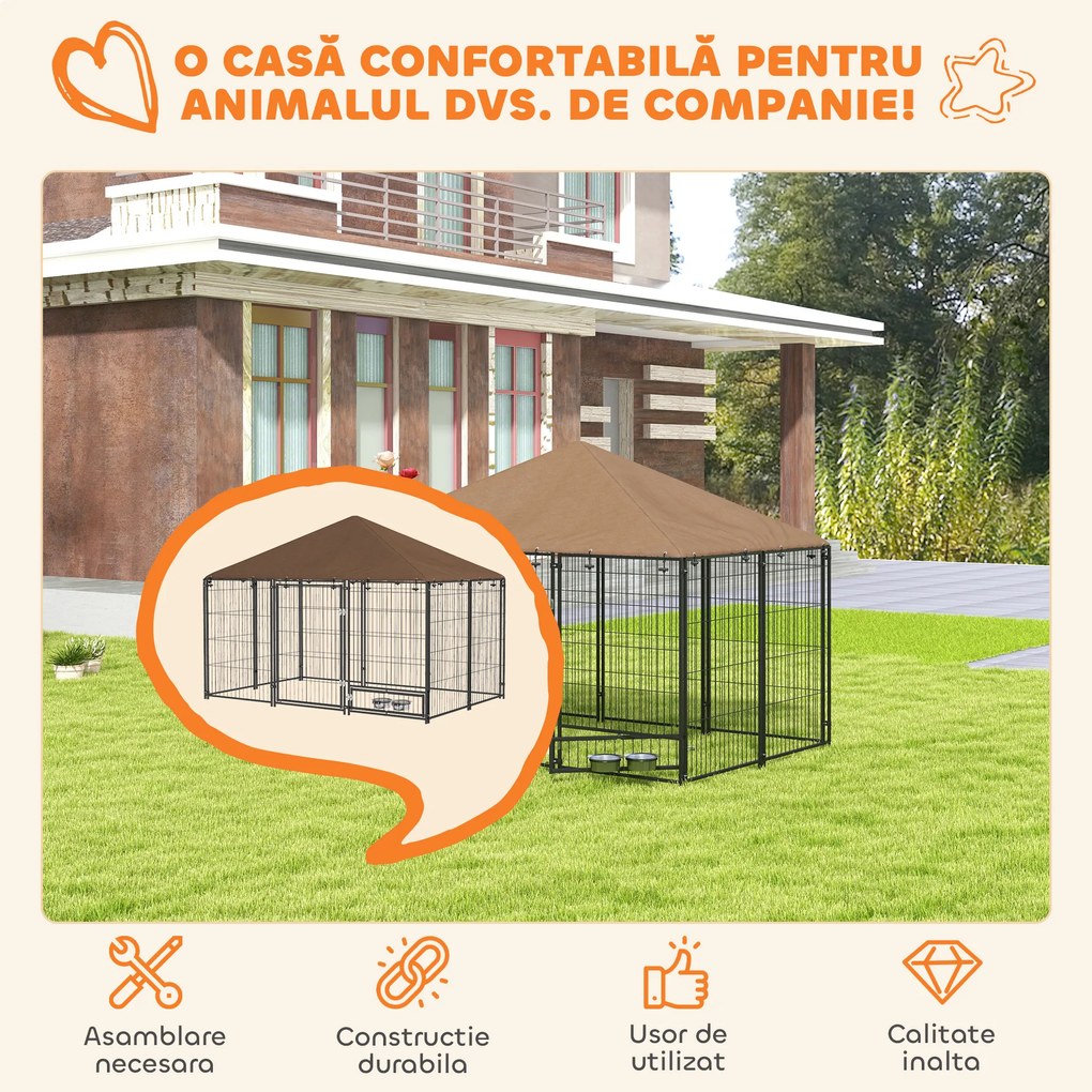 Pawhut Gard Metalic pentru Caini – Cu Usa pentru Bol &amp; Husa Oxford | Aosom Romania