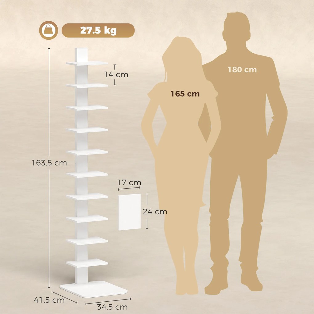 HOMCOM Bibliotecă Verticală cu 11 Rafturi, Structură din Oțel, Economie Spațiu, 34,5x41,5x163,5 cm, Alb | Aosom Romania