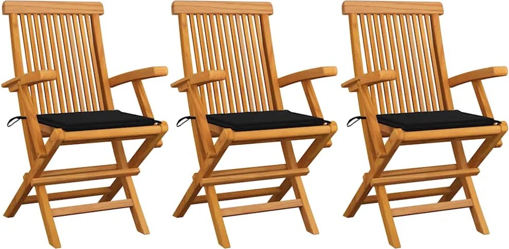 vidaXL Scaune de grădină cu perne negre, 3 buc., lemn masiv de tec