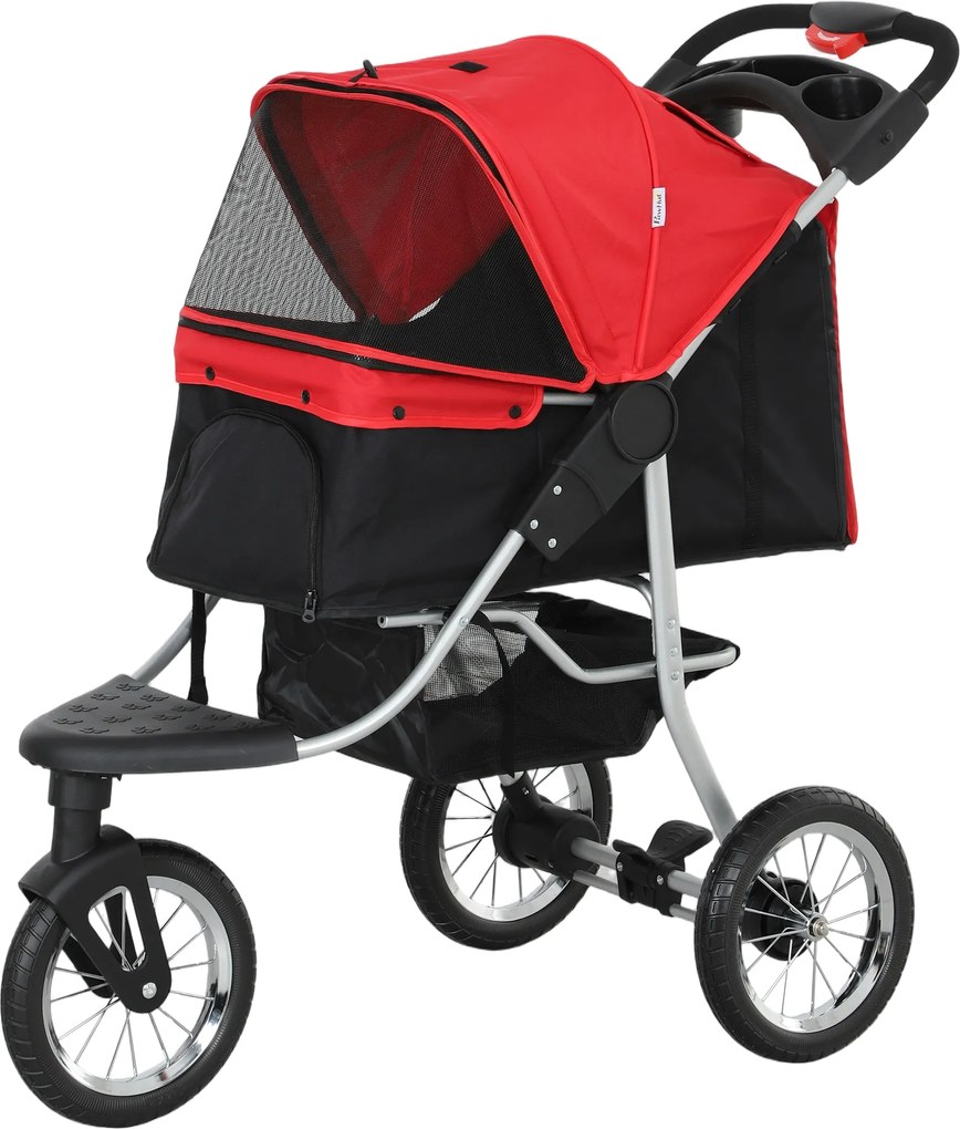 PawHut Cărucior pliabil pentru câini Cărucior pentru câini &amp; pisici până la 10 kg Cărucior pentru pisici cu ferestre din plasă Suport pentru băuturi Coș de depozitare Cărucior pentru pisici Buggy Roșu | Aosom Romania
