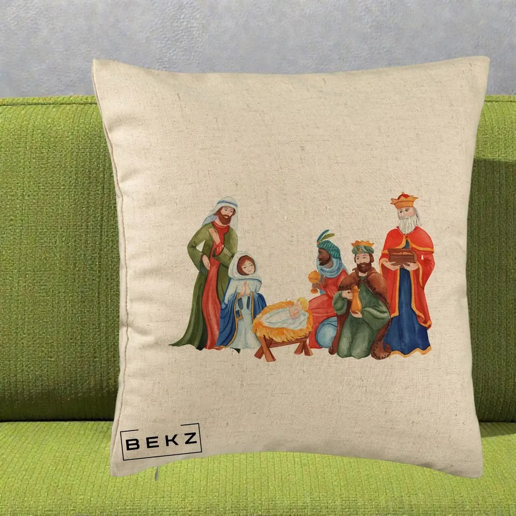 Perna Decorativa Nasterea Domnului Cei Trei Magi Acuarela, 40x40 cm, Bej, Husa Detasabila, Perna Inclusa, BEKZ®