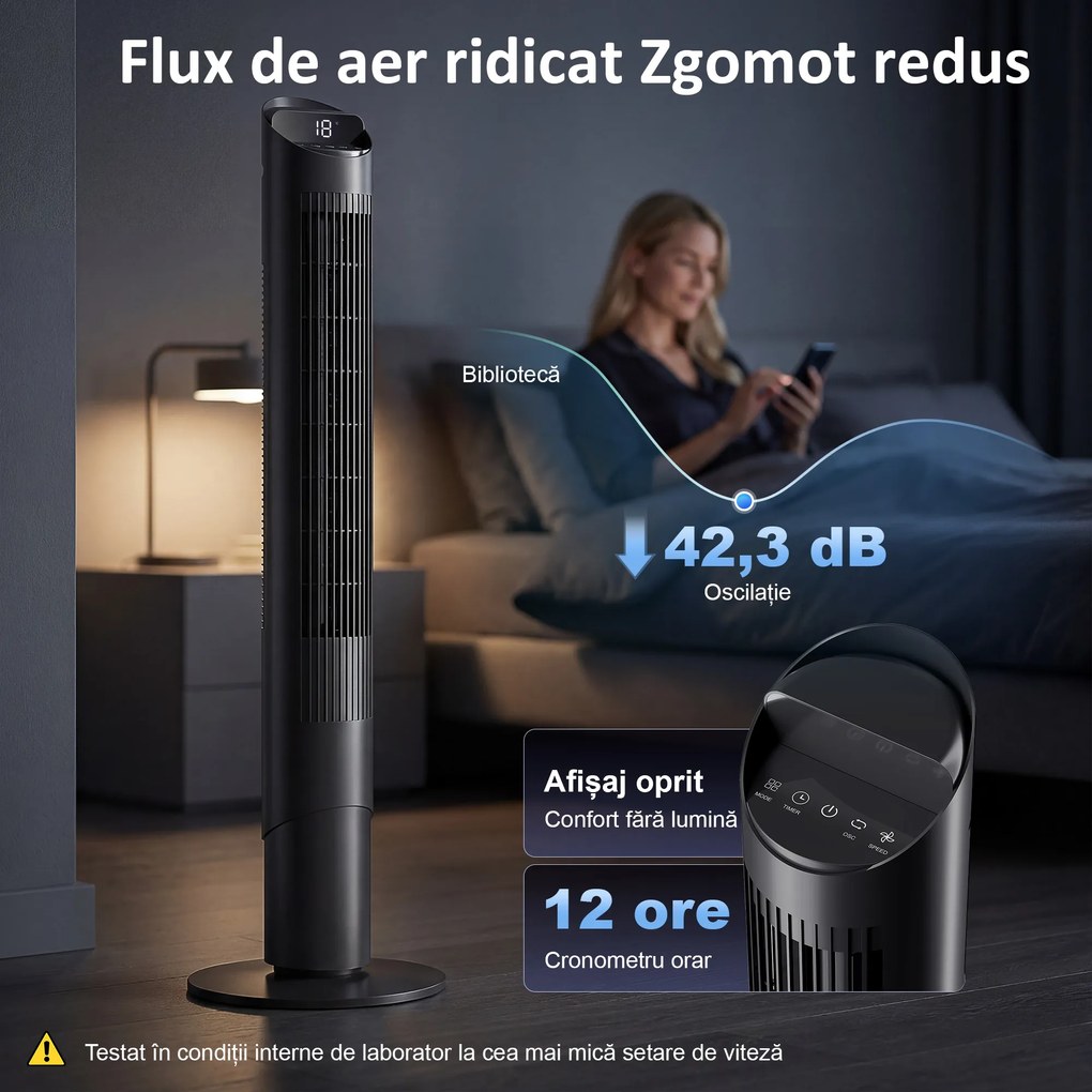 HOMCOM Ventilator de Coloană 116 cm, ventilator WiFi cu aplicație de control, dormitor, culoare neagră | Aosom Romania