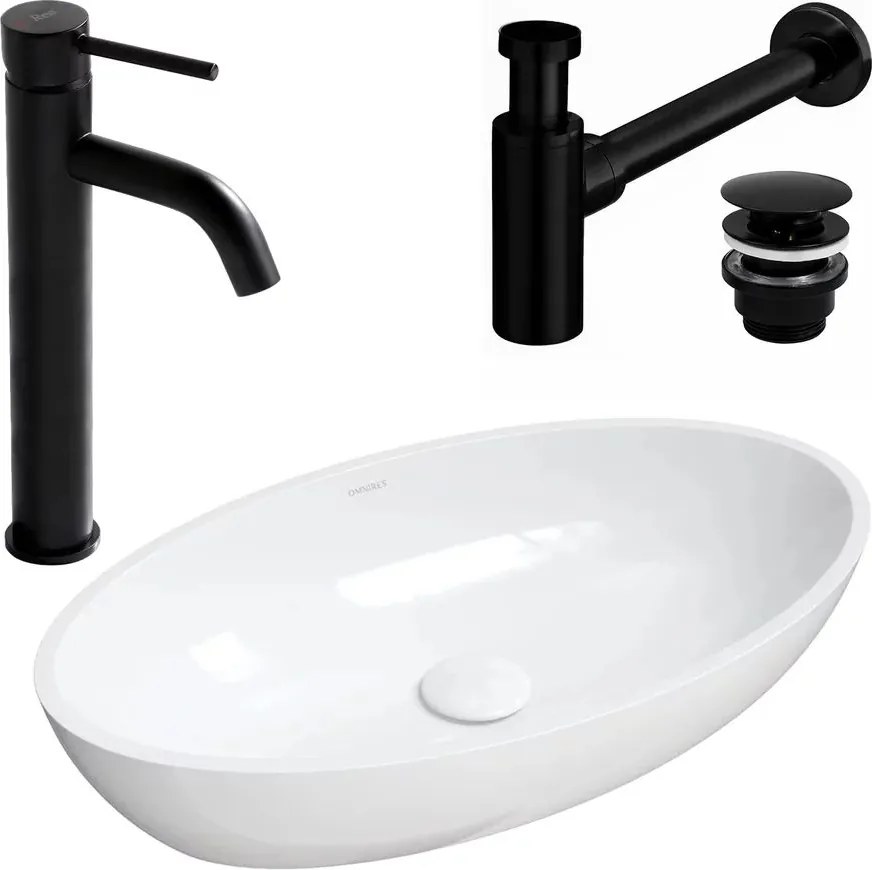 Pachet lavoar pe blat Omnires Siena M+ alb 60 cm, baterie lavoar Rea Lungo negru si ventil lavoar Click-Clack negru