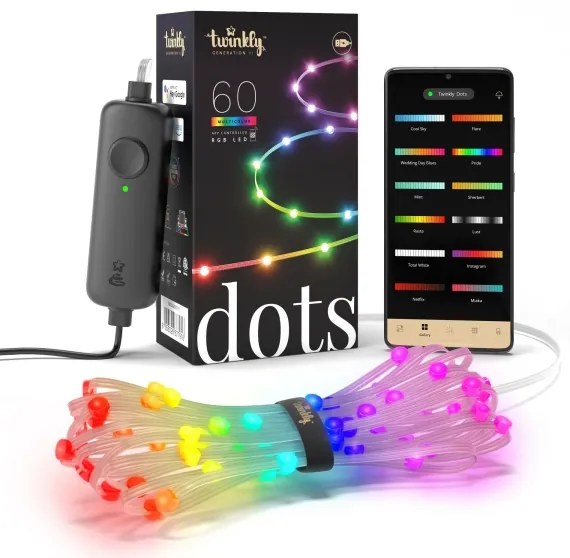 Twinkly TWD060STP-T - Ghirlandă LED RGB reglabilă DOTS, 60 LED, 7 m, USB, Wi‑Fi