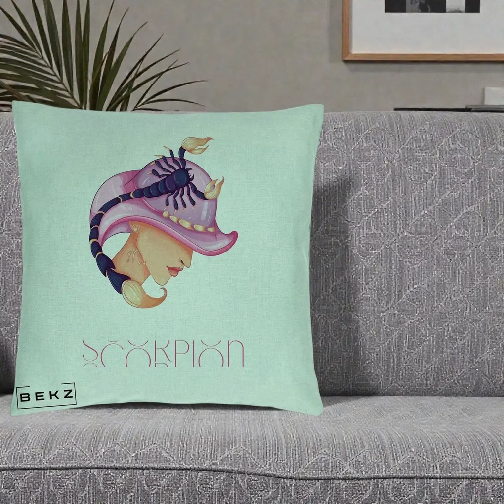 Perna Personalizata Zodiac Scorpion Cowgirl, 40x40 cm, Verde Menta, Husa Detasabila, Perna Inclusa, BEKZ®