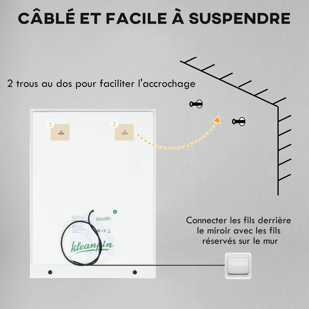 kleankin Oglindă rectangulară de perete luminoasă LED pentru baie 80 x 60 cm | Aosom Romania