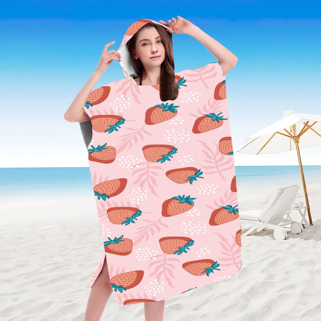 Poncho prosop de plaja STRAWBERRIES roz 80x145 cm