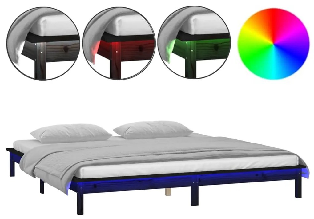 820630 vidaXL Cadru de pat cu LED, negru, 200x200 cm, lemn masiv