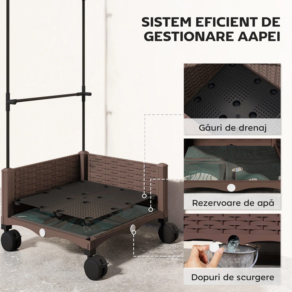 Outsunny Jardinieră Înălțată cu Spalier 20L, Pat de Grădină Înălțat pentru Exterior cu Roți Blocabile, Sistem de Autoirigare, Orificii de Drenaj pentru Plante Cățărătoare, Legume și Flori, Maro | Aosom Romania