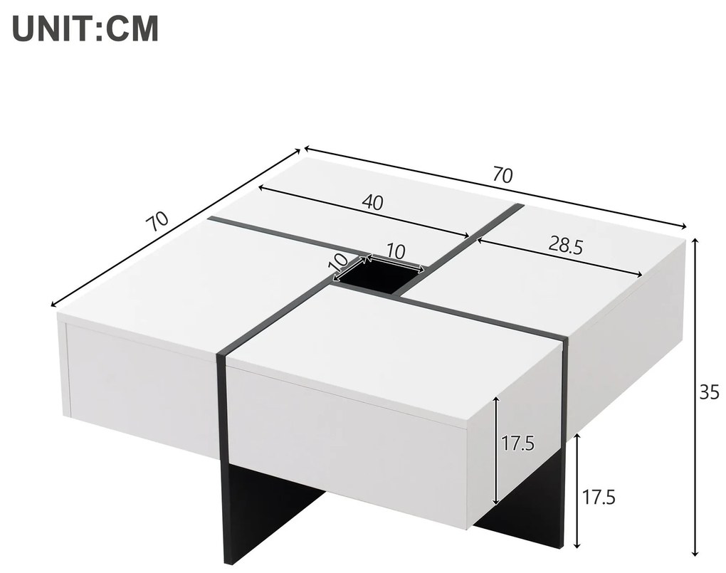 Elegantă măsuță de cafea lucioasă cu 4 sertare, compartiment de depozitare integrat, 70×70×35 cm, Alb+Negru