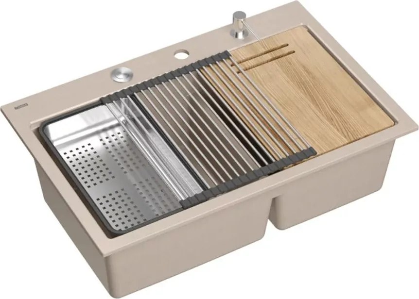 Statie de lucru incastrata Quadron Unique Marc 120 bej - inox 2 cuve 76x50 cm