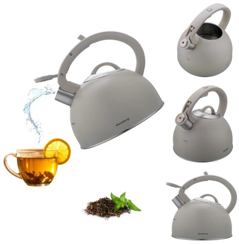 Ceainic cu fluier Klausberg KB-7912, 2.5 l, Maner cu efect de lemn, Inductie, Gri deschis