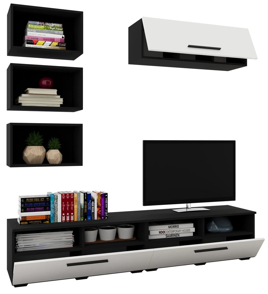 Living Kos V17, Negru/Alb Lucios, MDF, L 190 cm