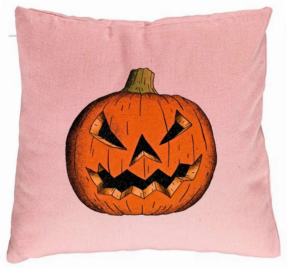 Perna Decorativa cu motiv Dovleac de Halloween 2, 40x40 cm, Roz, Husa Detasabila, Burduf