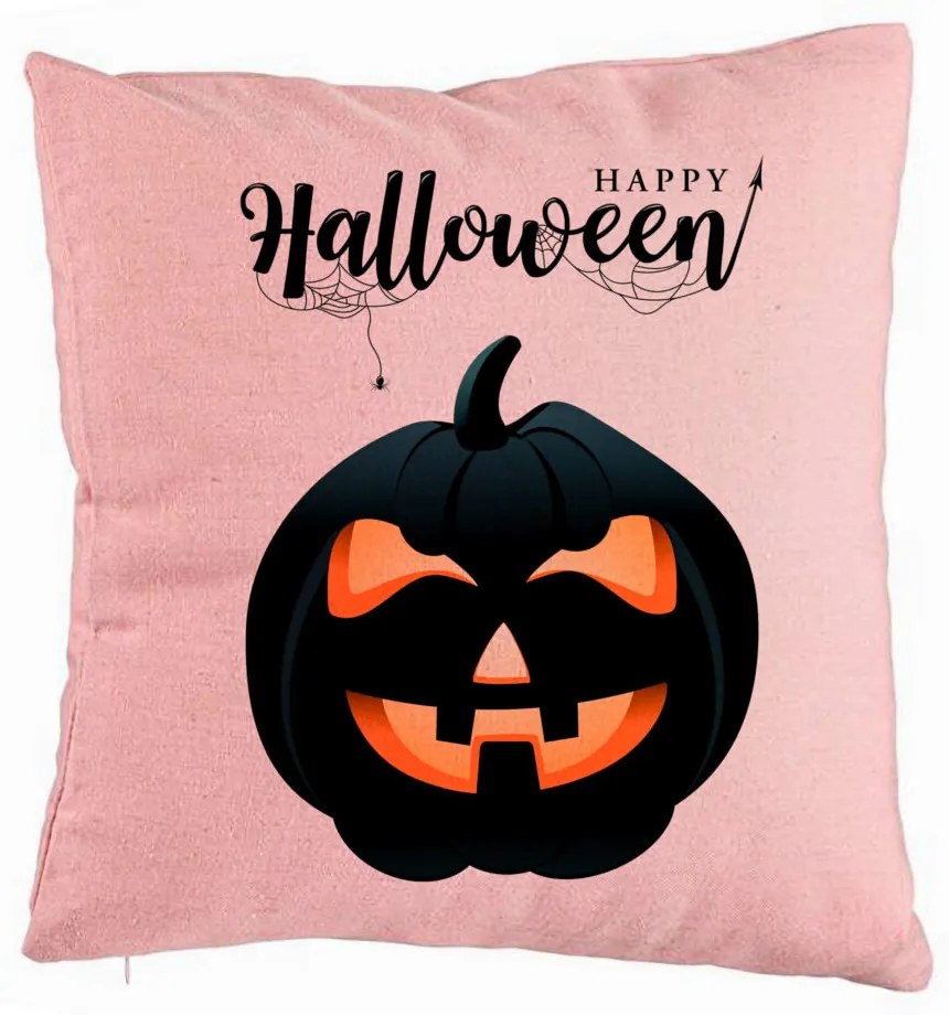 Perna Decorativa cu motiv Dovleac de Halloween si Text, 40x40 cm, Roz, Husa Detasabila, Burduf