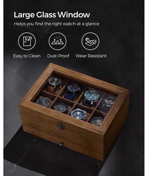 Cutie De Bijuterii Din Lemn Cu 2 Niveluri, Cu Capac De Sticla, Nuc Rustic