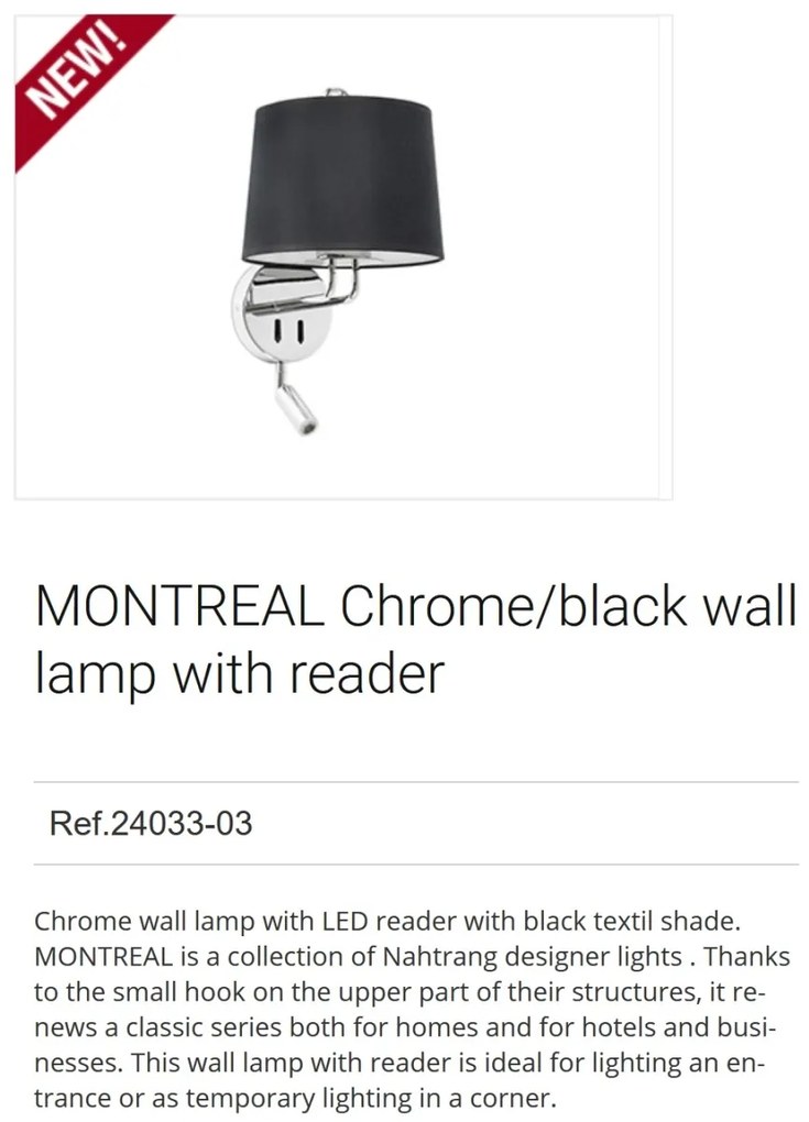 Aplica perete cu reader LED moderna design elegant MONTREAL crom/negru