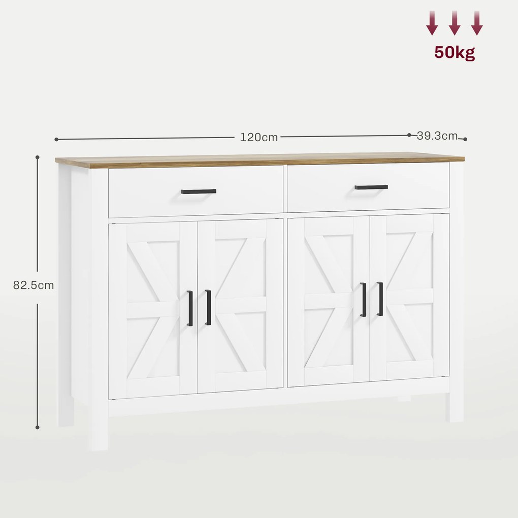 HOMCOM Bufet de Bucătărie cu 2 Sertare și 2 Dulapuri, 120x39,3x82,5 cm, Alb | Aosom Romania